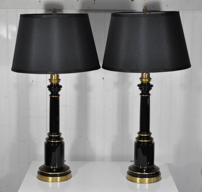 Pair Neoclassical French Empire Style Black Glass Column Shaft Table Lamps 1