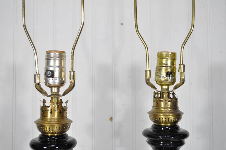 Mid-20th Century Pair Neoclassical French Empire Style Black Glass Column Shaft Table Lamps
