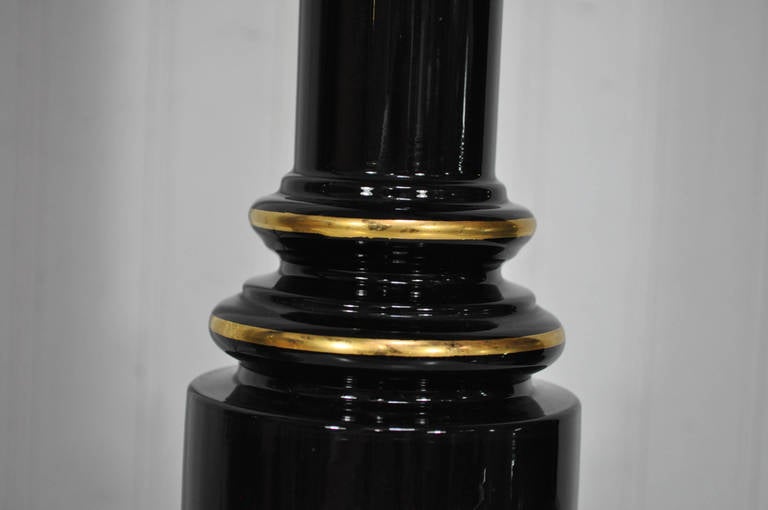 American Pair Neoclassical French Empire Style Black Glass Column Shaft Table Lamps
