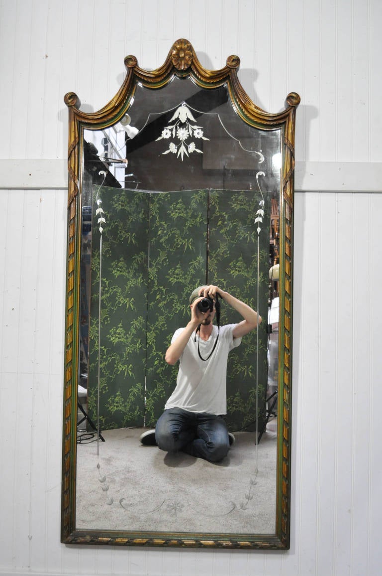 French Louis XV Style Green & Gold Carved Drape Floral Etched Glass Wall Mirror For Sale 4