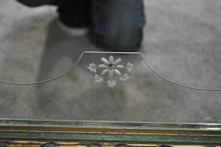 French Louis XV Style Green & Gold Carved Drape Floral Etched Glass Wall Mirror For Sale 2