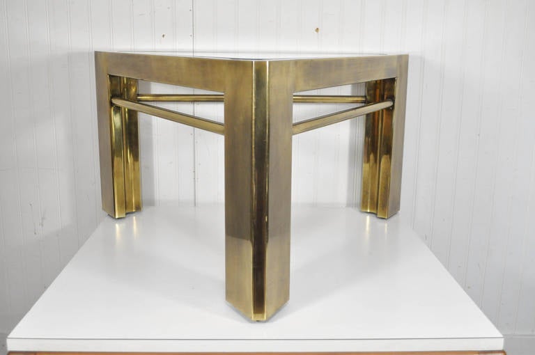 Mastercraft Hollywood Regency Brass and Glass Triangle Accent or Side Table