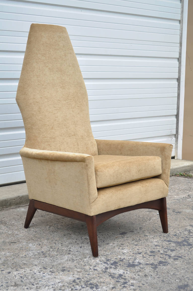 Unique Sculptural Tall Back Lounge Chair in the style of Adrian Pearsall for Carsons Inc. of High Point, NC. Item features sculpted solid wood walnut base, diamond form tall back, tapered legs, and unique modernist form. Recently upholstered with