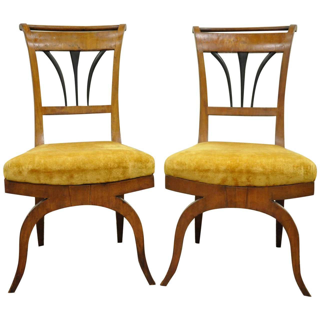 Pair of 19th C Biedermeier Ebonized & Burl Walnut Curule Base Side Accent Chairs