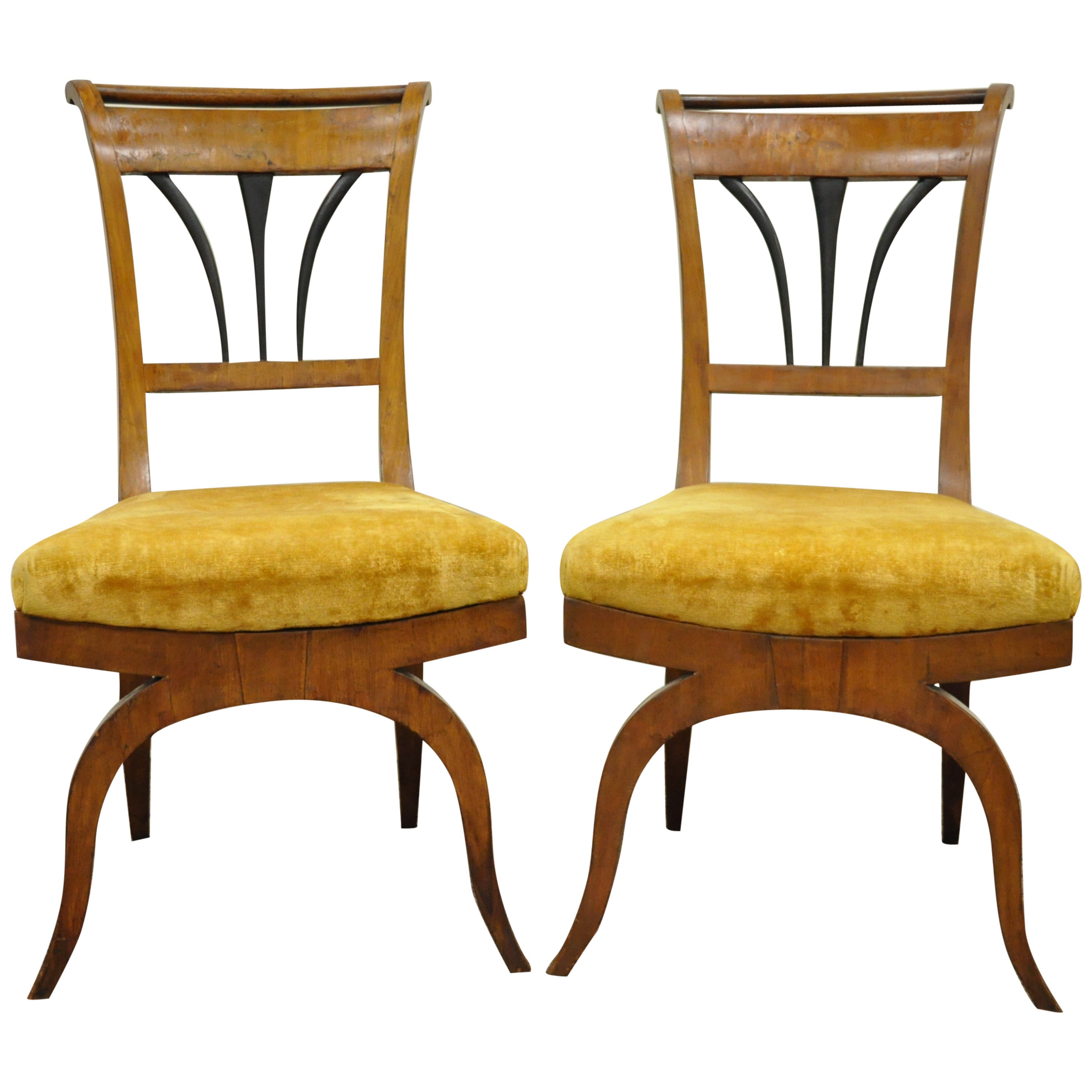 Pair of 19th C Biedermeier Ebonized & Burl Walnut Curule Base Side Accent Chairs