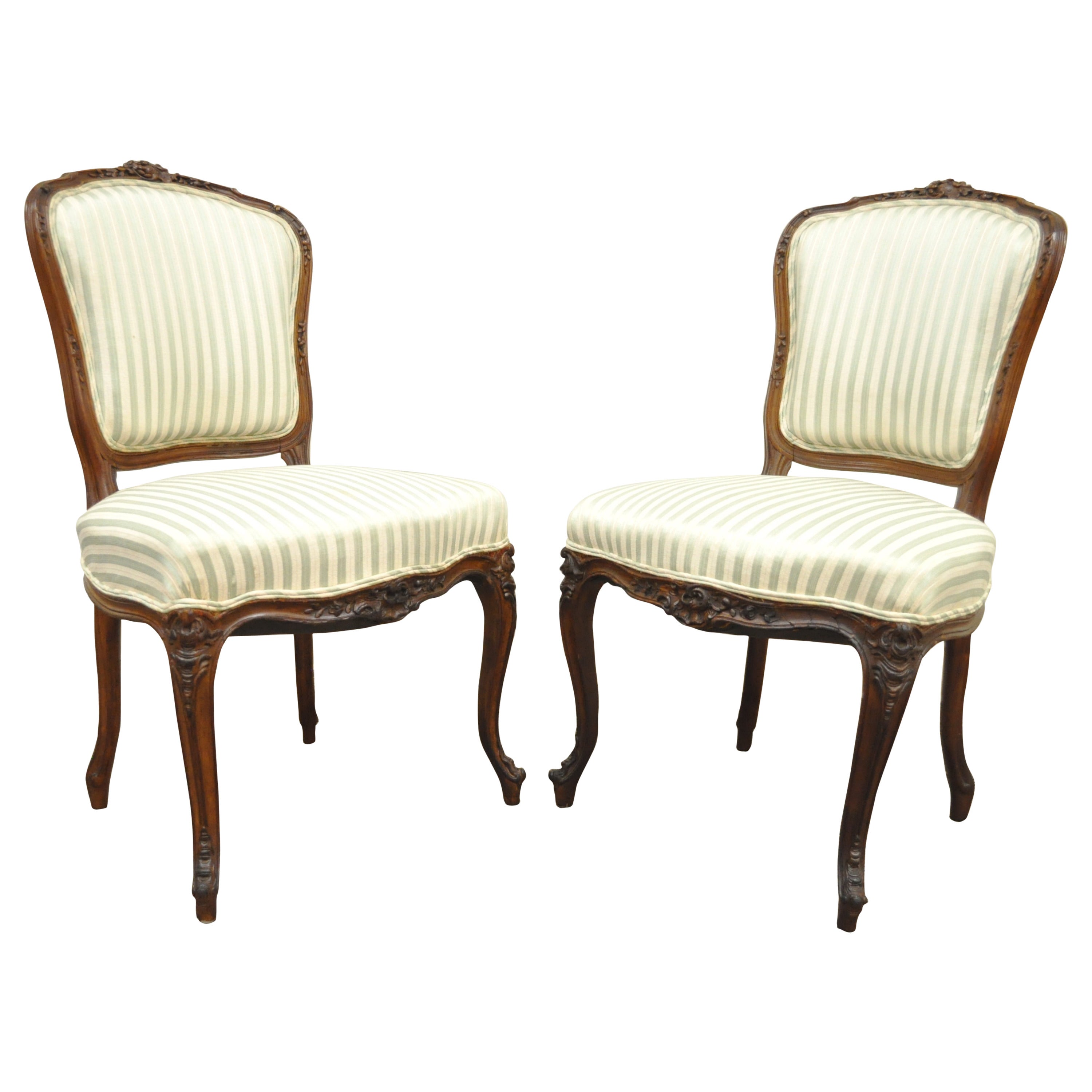 Pair of Antique Carved Walnut French Victorian Louis XV Style Side Accent Chairs