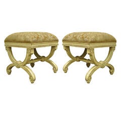 Pair of 20th Century Carved Wood and Upholstered X-Form Curule Benches or Stools 11