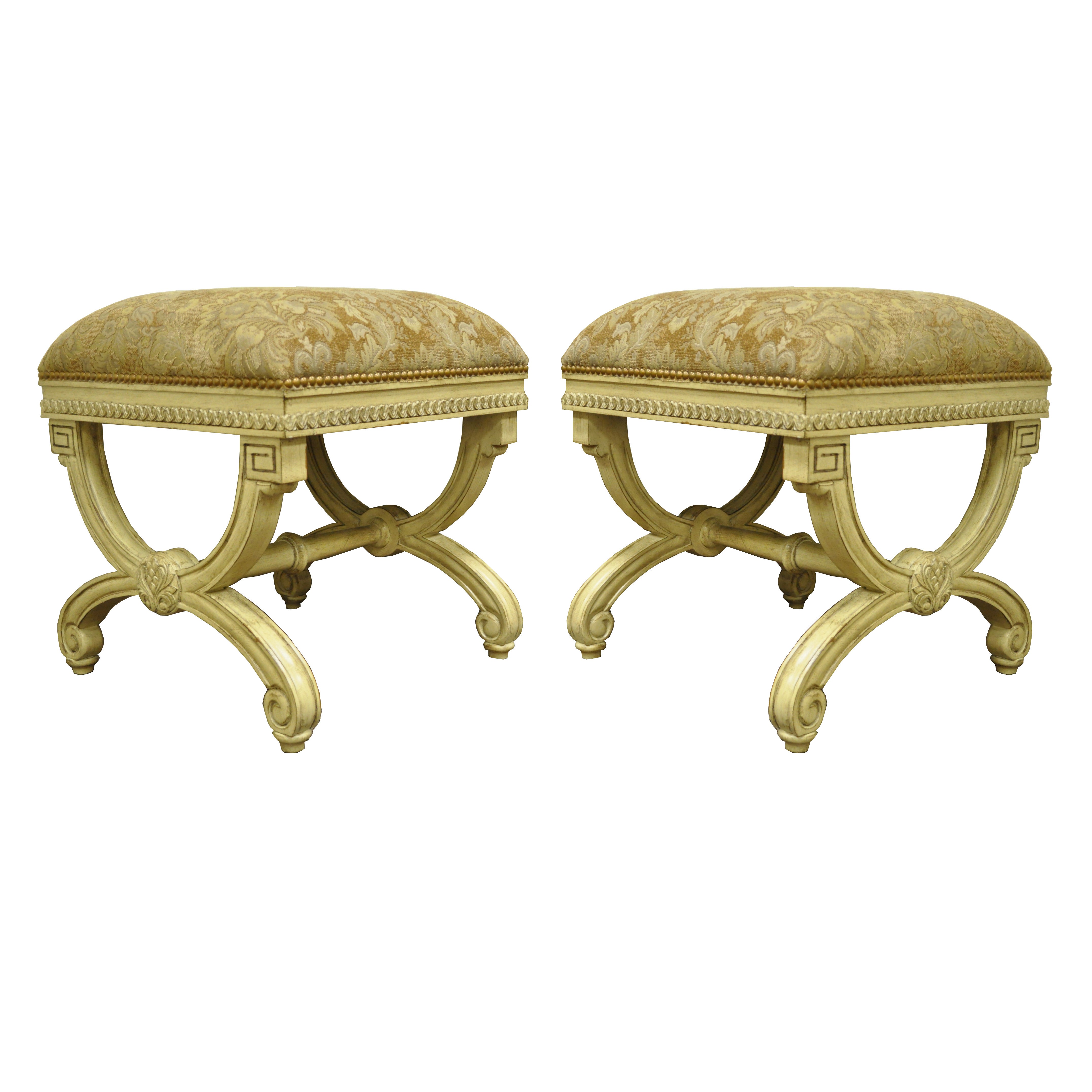 Pair of Cream Painted Italian Regency Style Carved Wood X-Frame Curule Stools