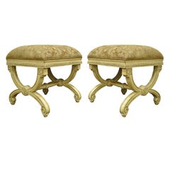 Pair of Cream Painted Italian Regency Style Carved Wood X-Frame Curule Stools