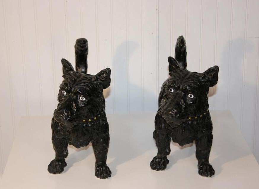Adorable Pair of Painted Concrete Scotty Dogs. Cute Vintage Garden Dogs Painted Black with Buckle Collar.