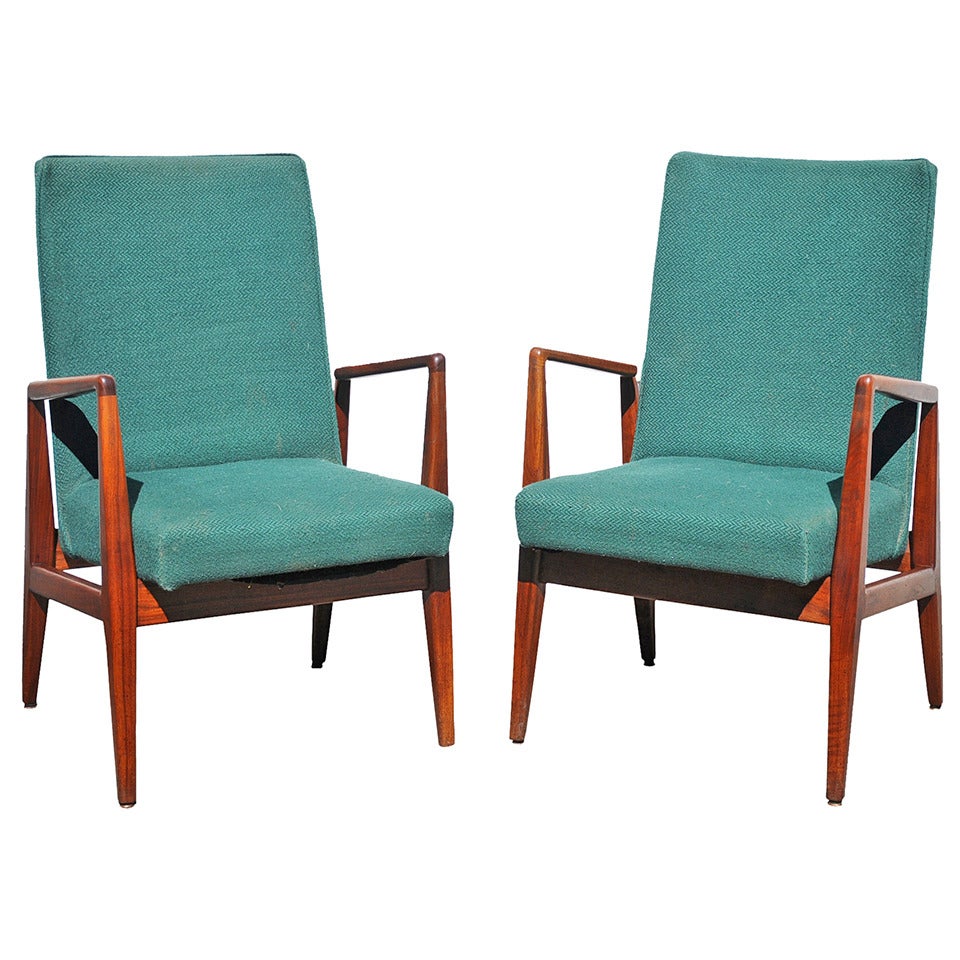 Pair of Jens Risom Design Danish Modern Solid Walnut Sculpted Lounge Arm Chairs