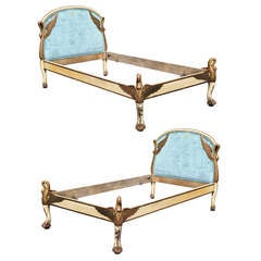 Antique Pair of Figural Swan Carved French Empire Regency Style Blue Twin Beds Frames