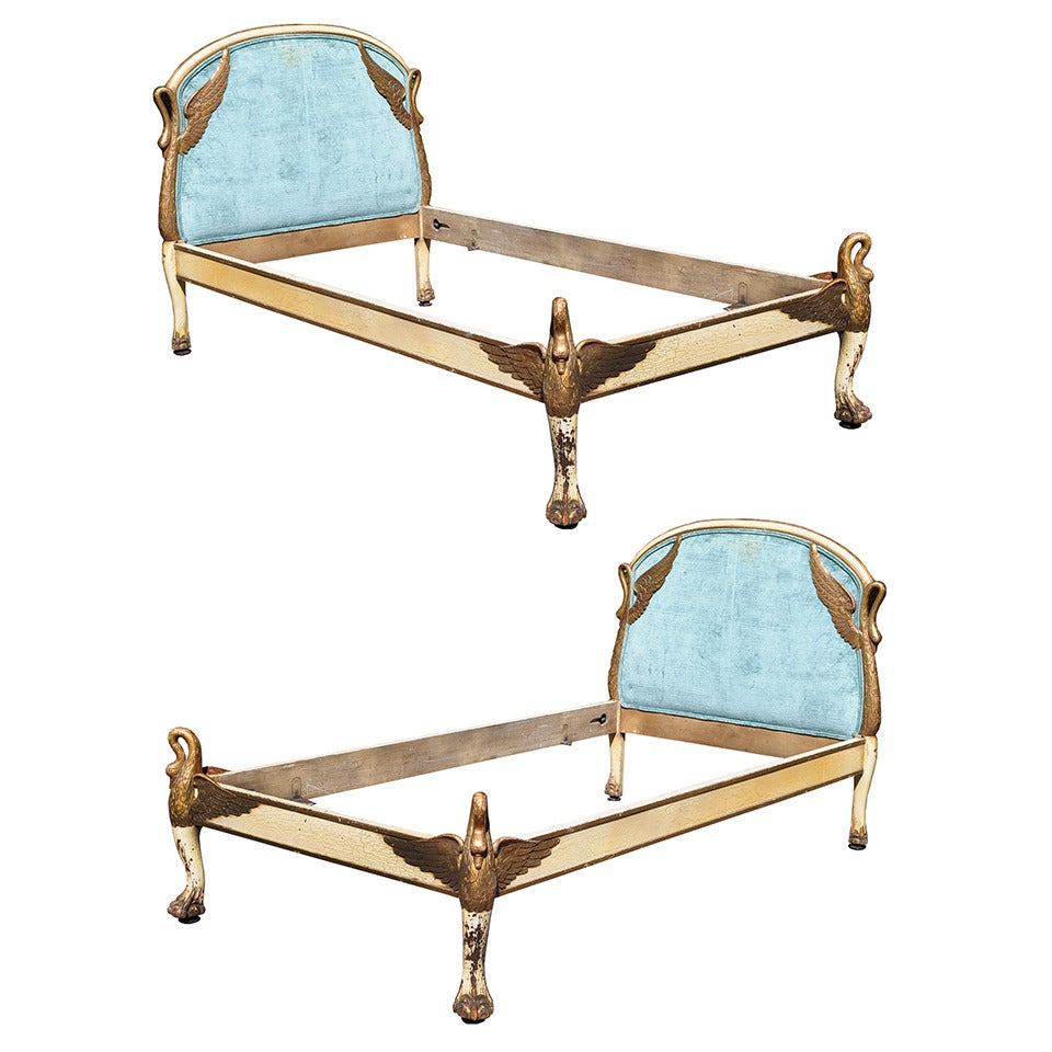 Pair of Figural Swan Carved French Empire Regency Style Blue Twin Beds Frames