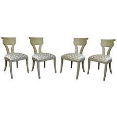 4 VIntage Scroll Back Neoclassical Style Green / Gray Klismos Dining Chairs