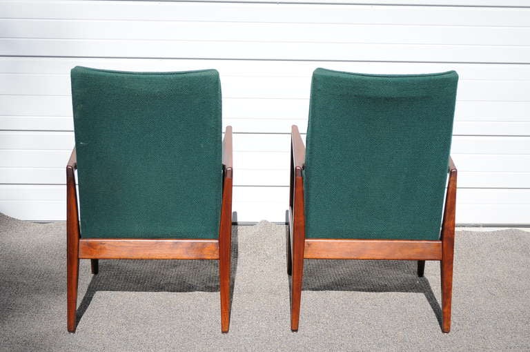 American Pair of Jens Risom Design Danish Modern Solid Walnut Sculpted Lounge Arm Chairs