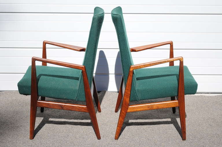 Remarkable Pair of Vintage Jens Risom Danish Modern Lounge Chairs with Solid Walnut Sculptural Frames with Nice Clean Lines and Great Form.