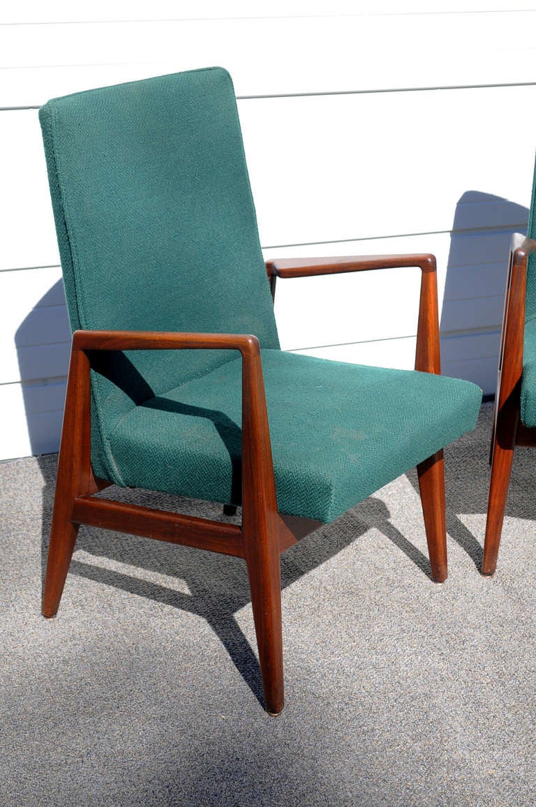 Pair of Jens Risom Designs Danish Modern Solid Walnut Lounge Arm Chairs