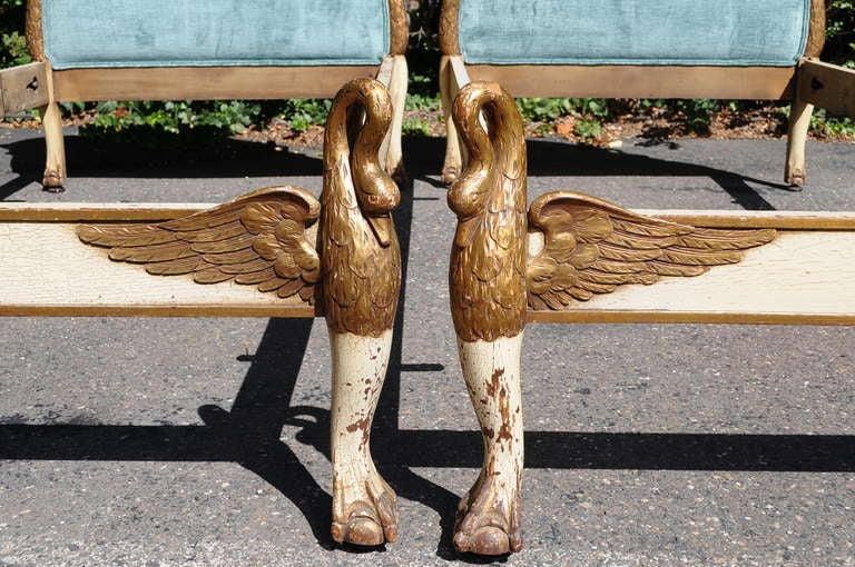 Early 20th Century Pair of Figural Swan Carved French Empire Regency Style Blue Twin Beds Frames