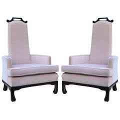 Stately James Mont Inspired Tall Back Oriental Style Ebonized Lounge Chairs