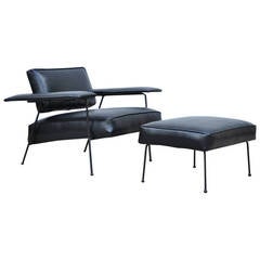 Wrought Iron and Black Leather Lounge Chair with Ottoman after Jean Royere 2