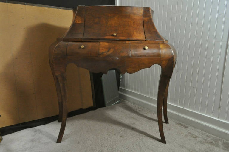 Hollywood Regency Vintage Italian Burled Patchwork Olive Wood Bombe Commode or Small Desk
