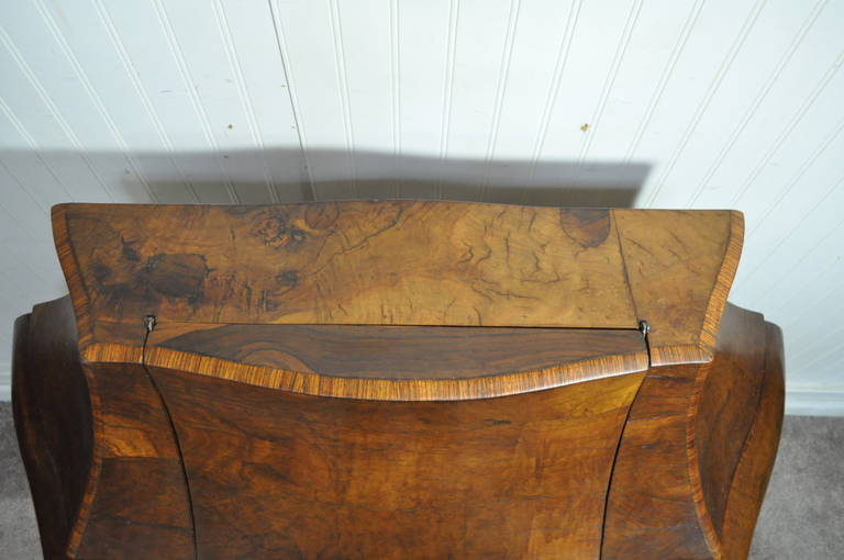 20th Century Vintage Italian Burled Patchwork Olive Wood Bombe Commode or Small Desk
