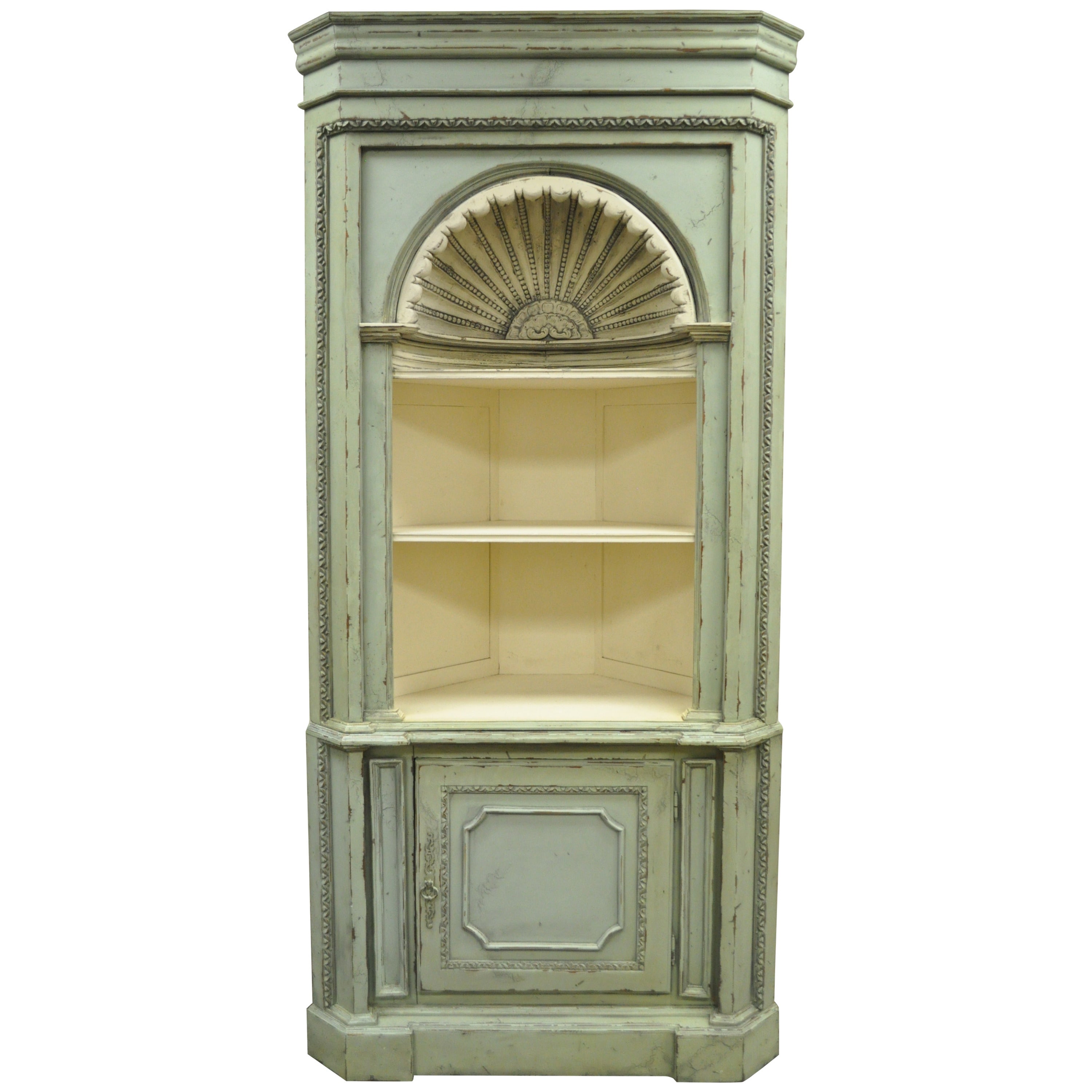 Antiqued 20th C. Shell Carved Country French Style Corner Cabinet Cupboard