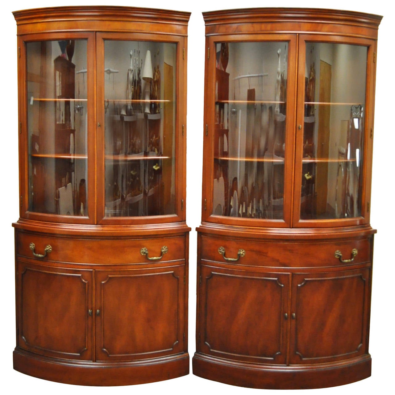 Pair of 1940s Curved Glass Demilune Form Mahogany Corner China Cabinets at  1stDibs