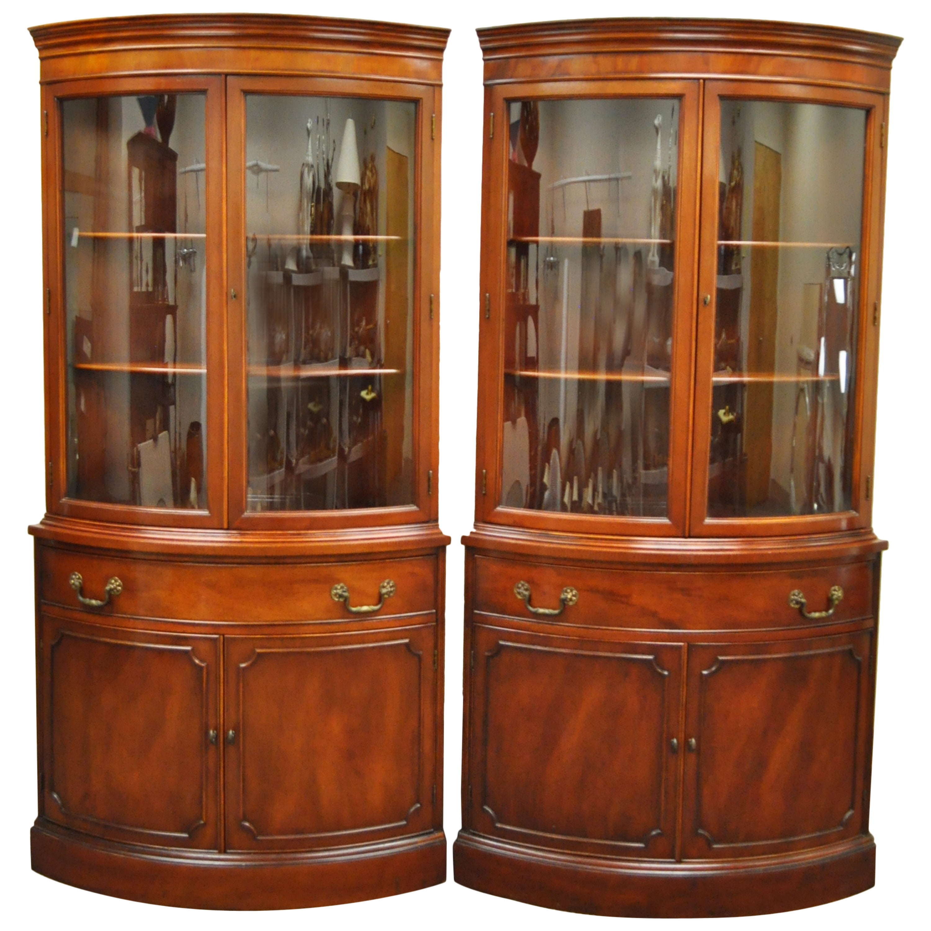 Pair of 1940s Curved Glass Demilune Form Mahogany Corner China Cabinets