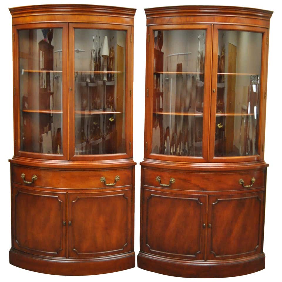 Pair Of 1940s Curved Glass Demilune Form Mahogany Corner China Cabinets pair-of-1940s-curved-glass-demilune-form-mahogany-corner-china-cabinets