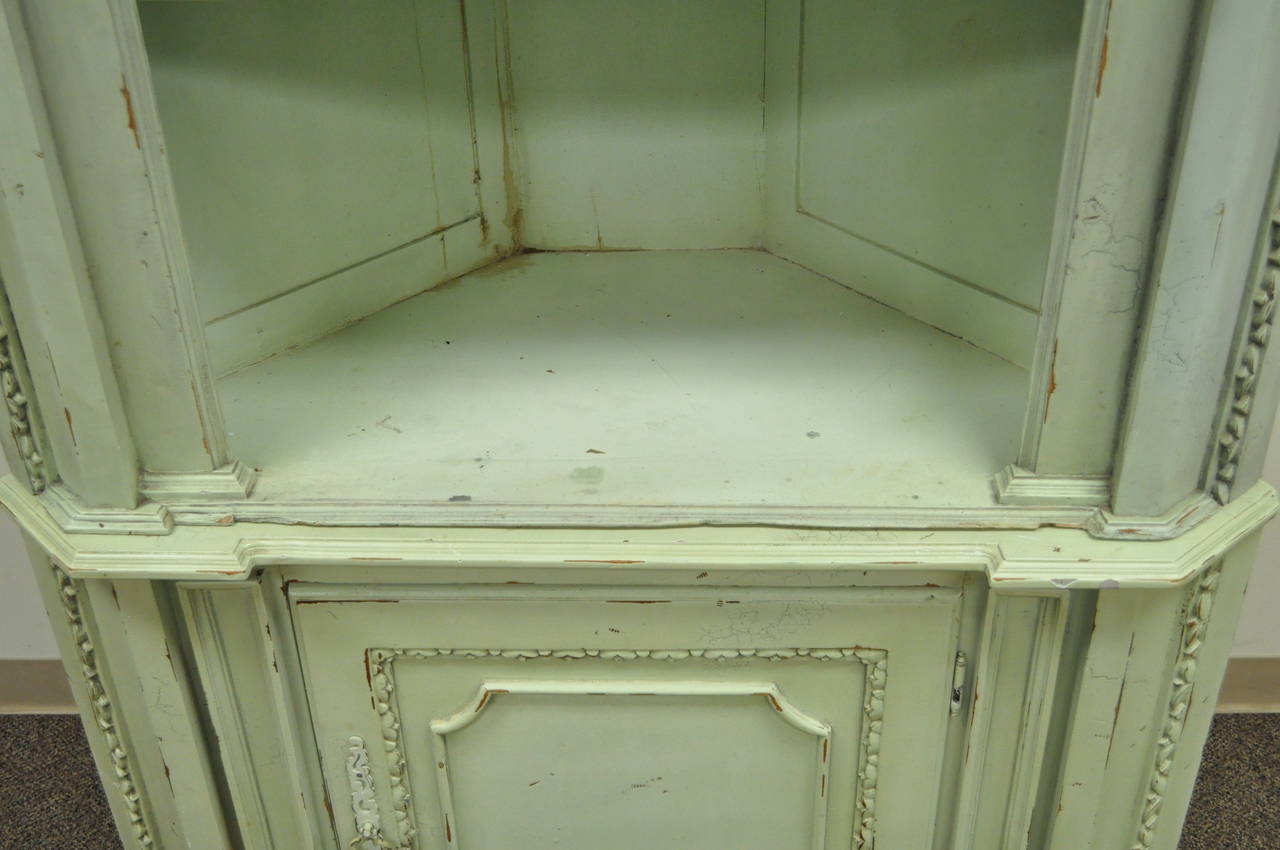 20th Century Distressed 20th C. Shell Carved Country French Style Corner Cabinet Cupboard