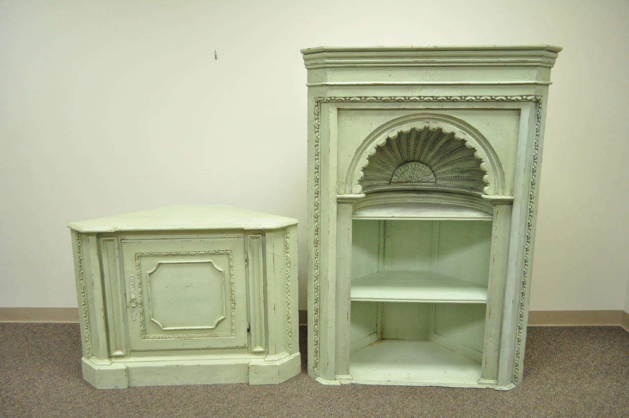 Distressed 20th C. Shell Carved Country French Style Corner Cabinet Cupboard 1