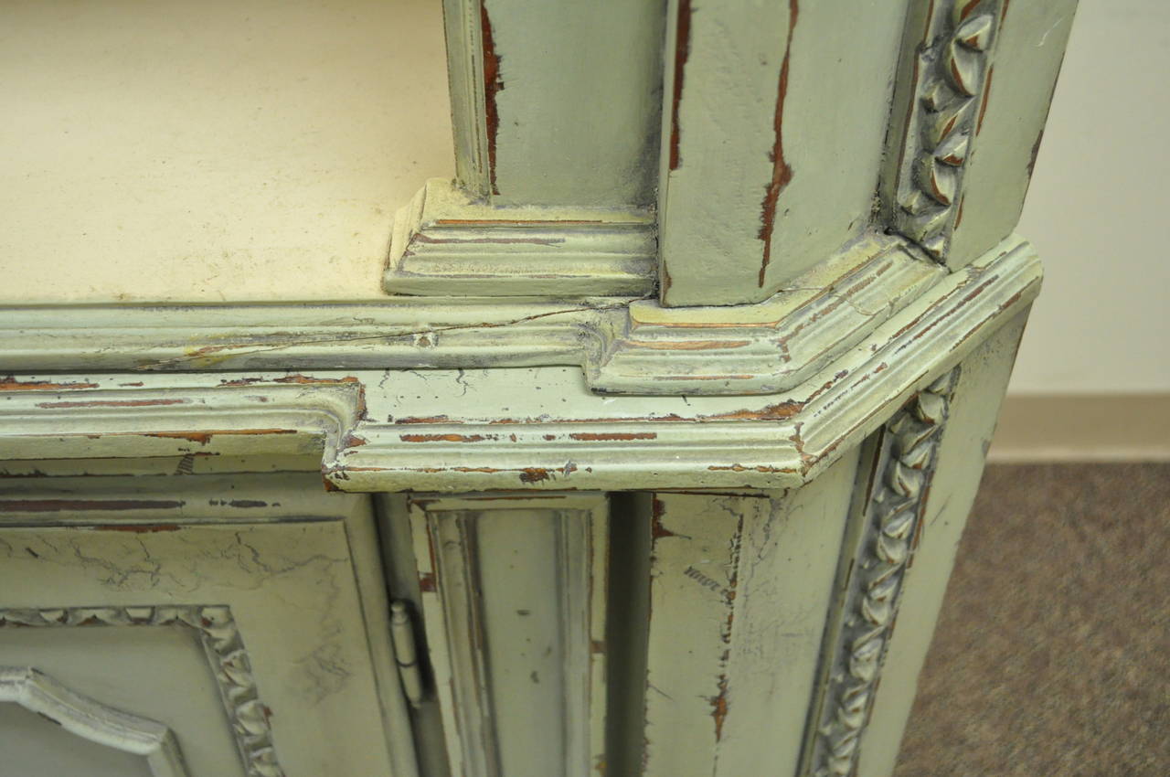 Antiqued 20th C. Shell Carved Country French Style Corner Cabinet Cupboard In Distressed Condition In Philadelphia, PA