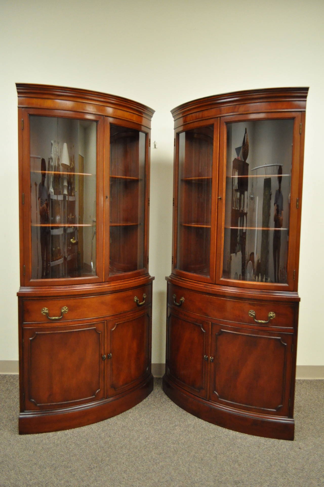 Pair of 1940s Curved Glass Demilune Form Mahogany Corner China Cabinets 1