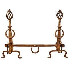 Hand-Wrought Iron Bronze Gilt Mission Style Andirons and Bar Spiral Finial, Pair