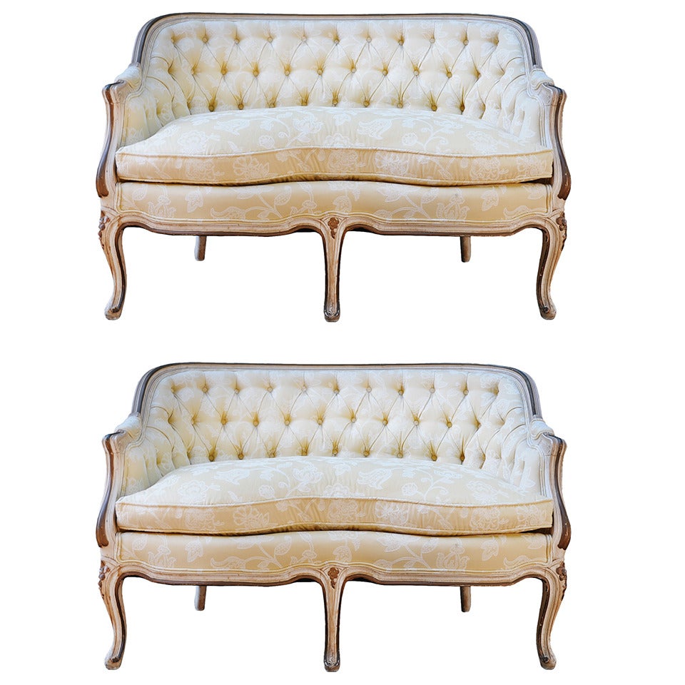 Pair of French Louis XV Style Cream Distress Painted Tufted Settees - Canapes