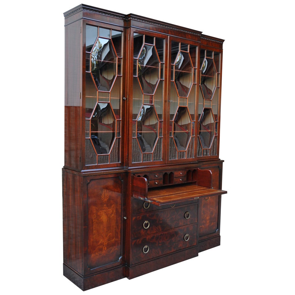 Flame Mahogany Inlaid Regency Style Bubble Glass Bookcase Breakfront with Desk