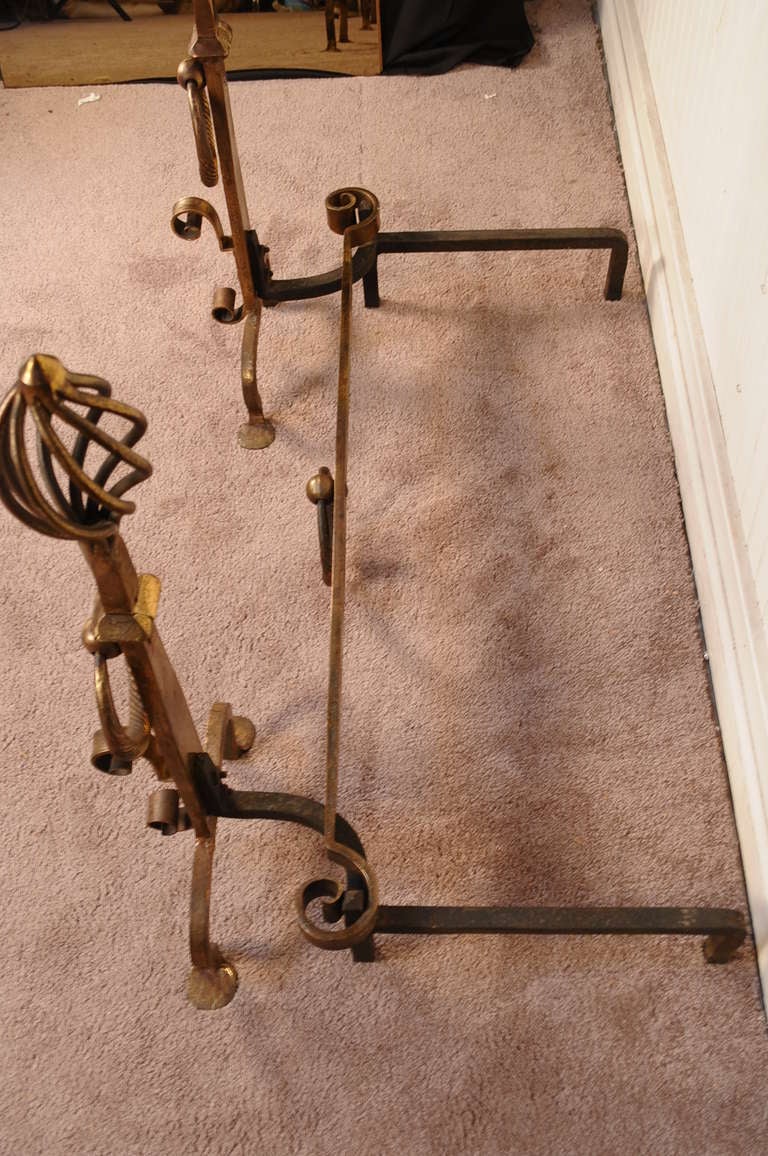 Hand-Wrought Iron Bronze Gilt Mission Style Andirons and Bar Spiral Finial, Pair 4
