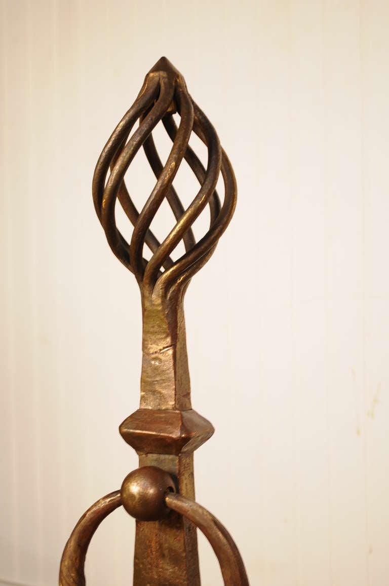 Arts and Crafts Hand-Wrought Iron Bronze Gilt Mission Style Andirons and Bar Spiral Finial, Pair