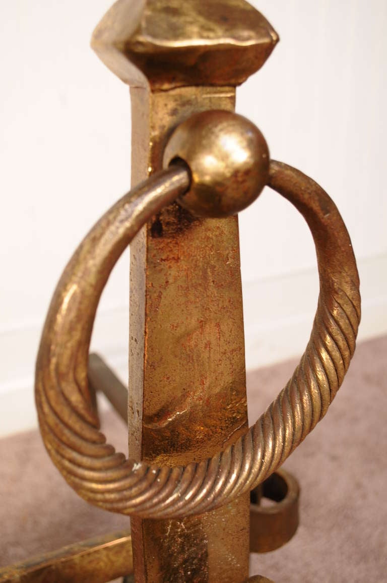 20th Century Hand-Wrought Iron Bronze Gilt Mission Style Andirons and Bar Spiral Finial, Pair