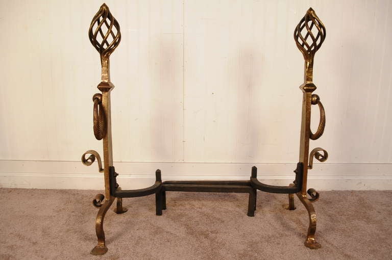 Hand-Wrought Iron Bronze Gilt Mission Style Andirons and Bar Spiral Finial, Pair 3