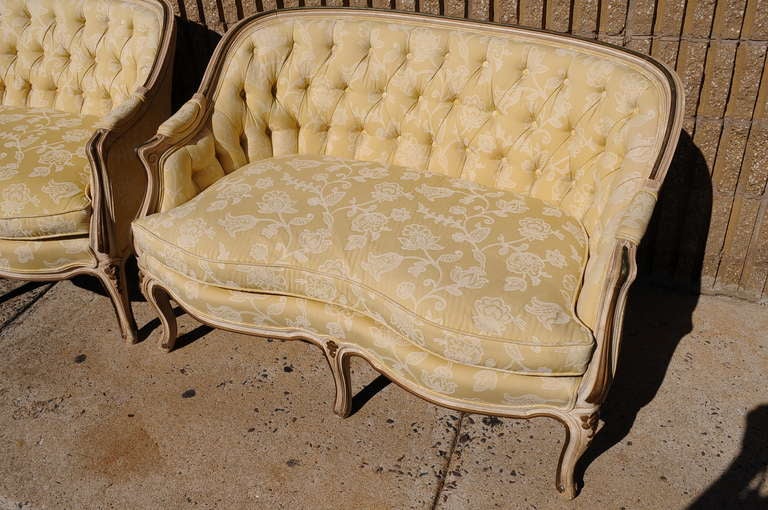 20th Century Pair of French Louis XV Style Cream Distress Painted Tufted Settees - Canapes