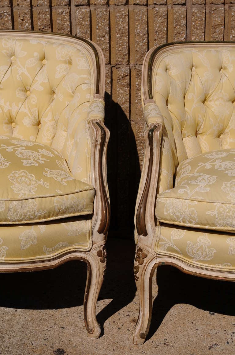 Wood Pair of French Louis XV Style Cream Distress Painted Tufted Settees - Canapes