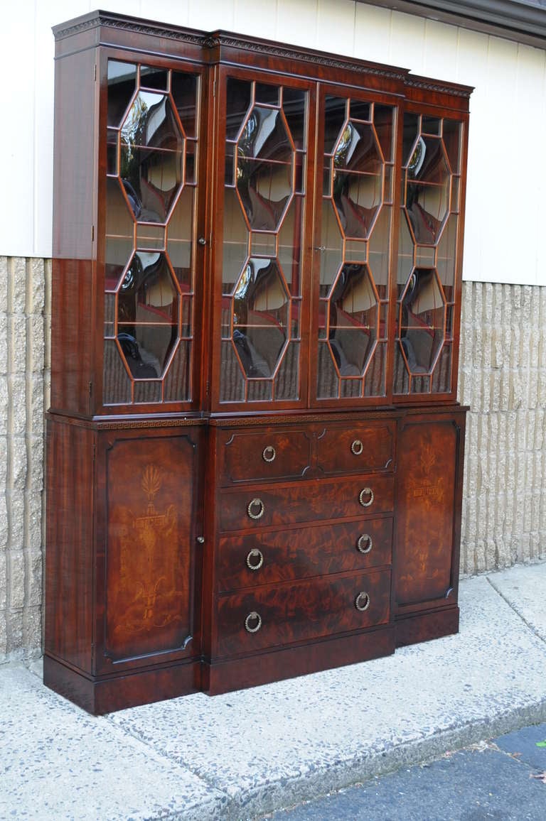 Flame Mahogany Inlaid Regency Style Bubble Glass Bookcase Breakfront with Desk 4