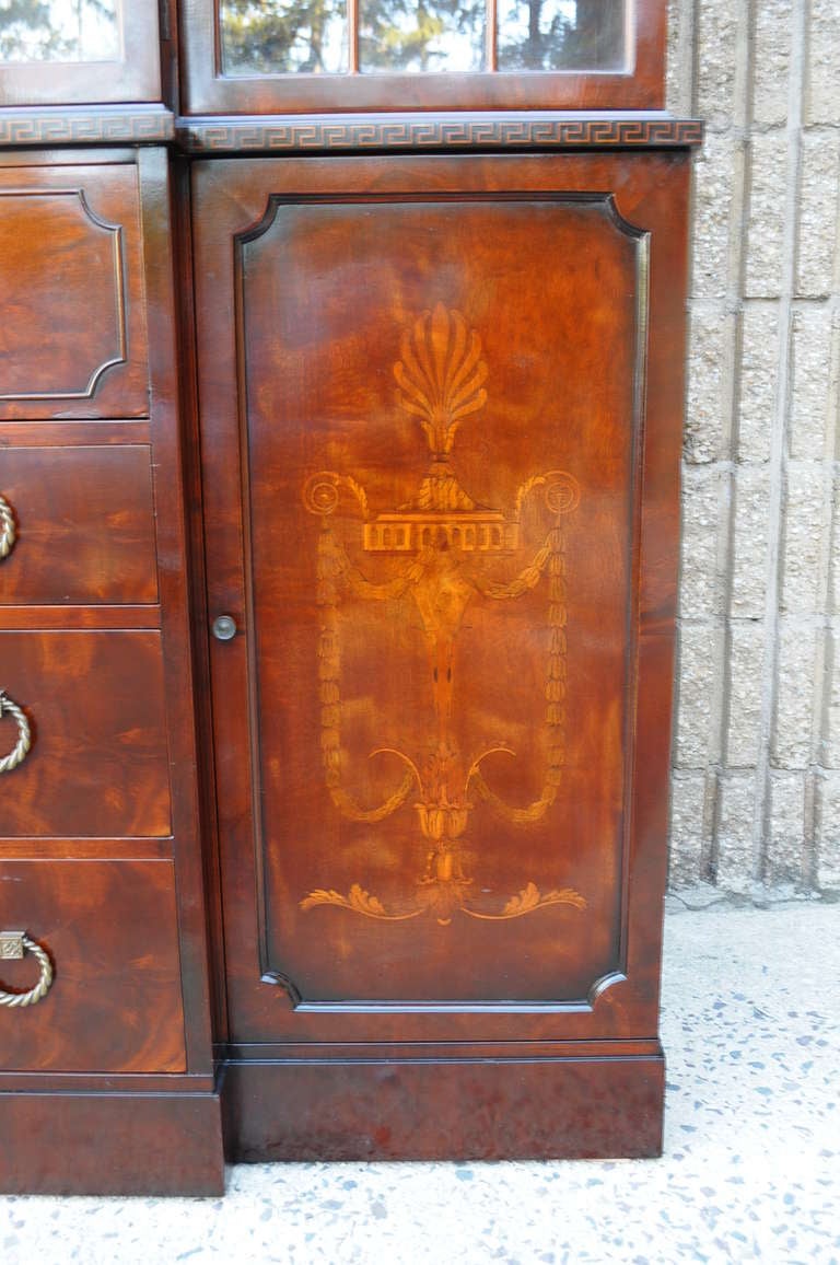 20th Century Flame Mahogany Inlaid Regency Style Bubble Glass Bookcase Breakfront with Desk