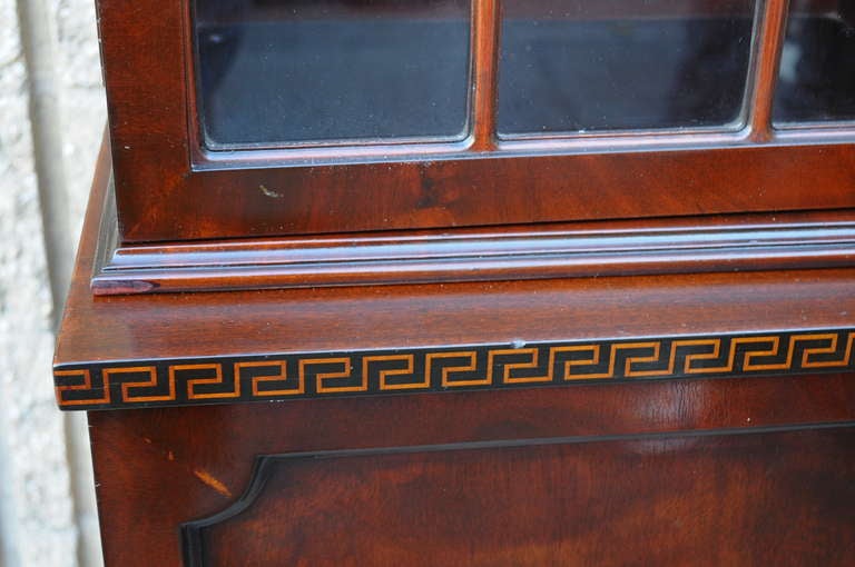 Flame Mahogany Inlaid Regency Style Bubble Glass Bookcase Breakfront with Desk In Good Condition In Philadelphia, PA