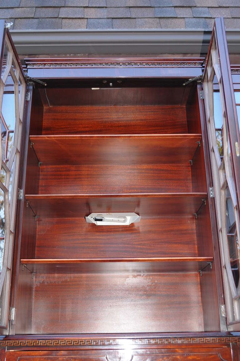 Brass Flame Mahogany Inlaid Regency Style Bubble Glass Bookcase Breakfront with Desk