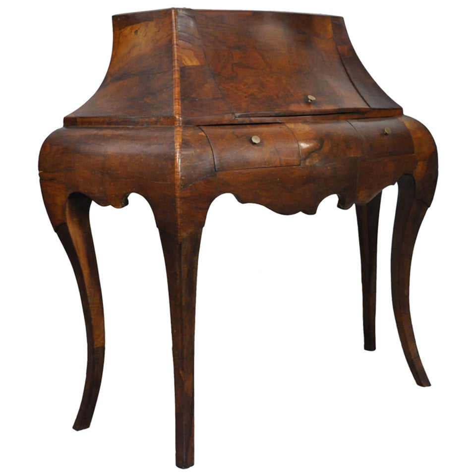 Vintage Italian Burled Patchwork Olive Wood Bombe Commode or Small Desk