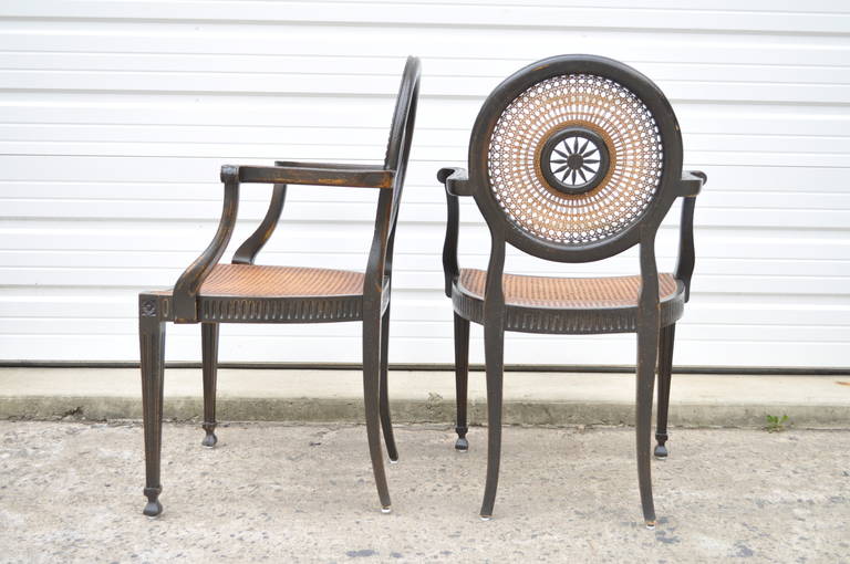 Pair of Italian Hand Carved & Distressed Medallion Back French Style Armchairs In Distressed Condition In Philadelphia, PA