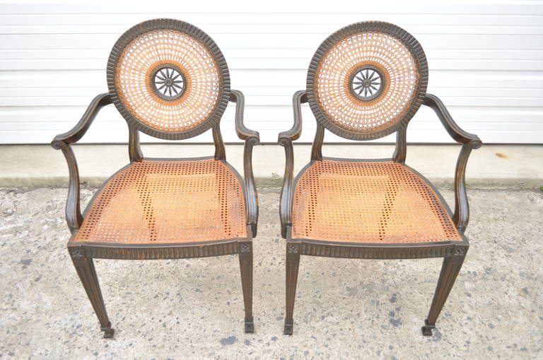 Pair of Italian Hand Carved & Distressed Medallion Back French Style Armchairs 4